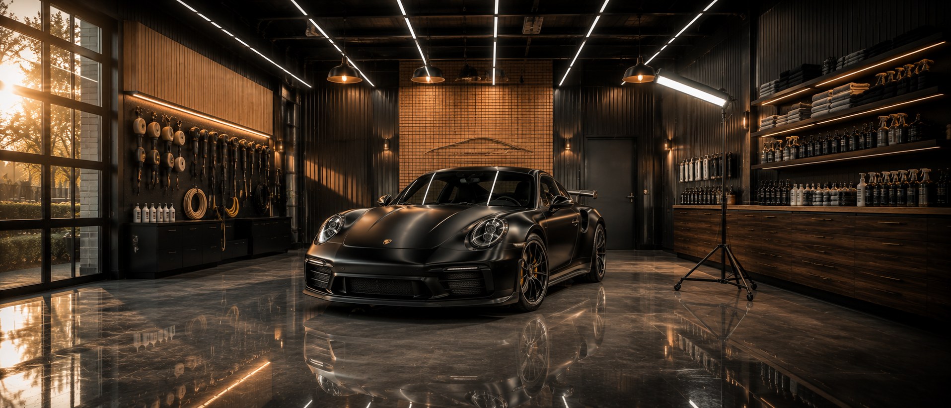 Classic Porsche 911 in a premium detailing studio at golden hour